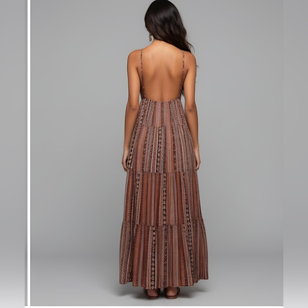 Boho Rust Tribal Print Split Thigh Tie Backless Dress - Picture 6 of 11